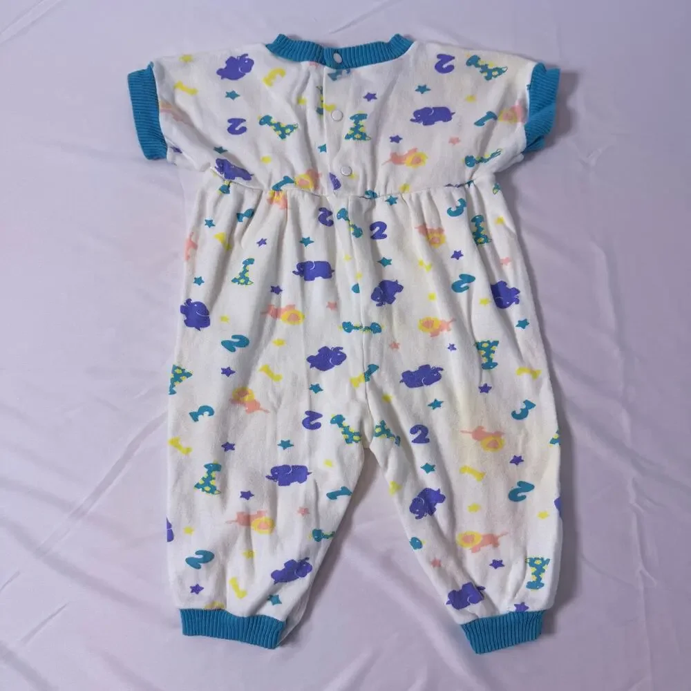 Vintage 80s Oneita's Kids Animals & Numbers 100% Cotton Romper Sz 6 mo